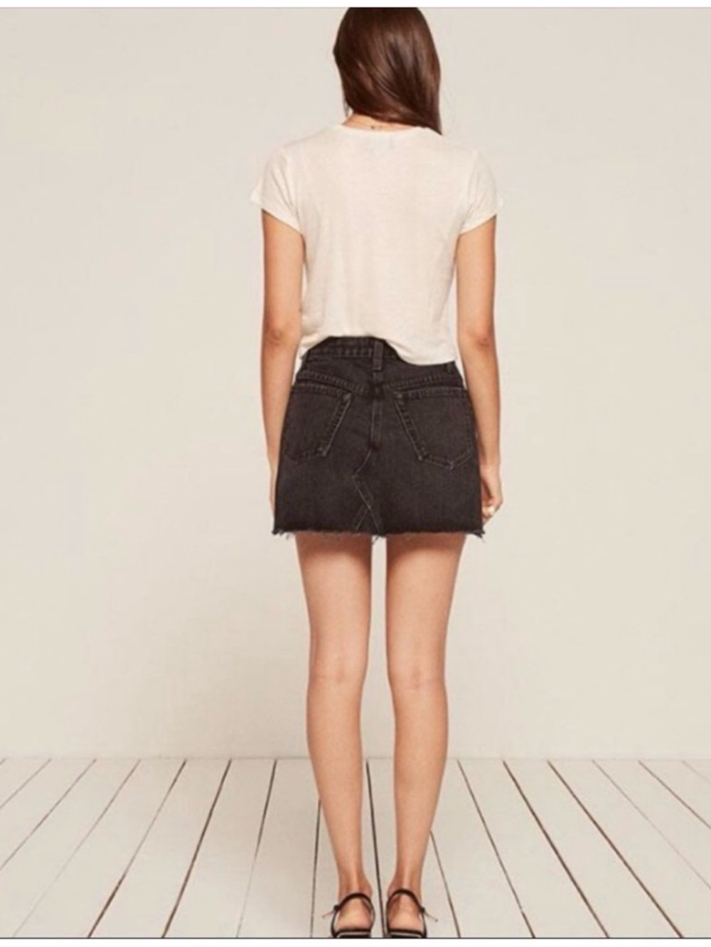 Reformation Denim Retooled Mini Skirt Pacific Washed Black 27 Raw Hem Distressed - Picture 6 of 16